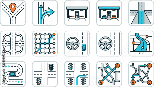 Canvastavla Road Navigation and Traffic Line Icon Set with Forked Paths, Toll Booths, Clover