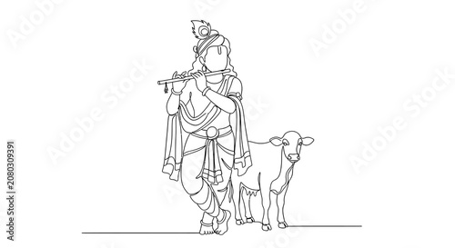 Hindu deity krishna playing flute beside a sacred cow