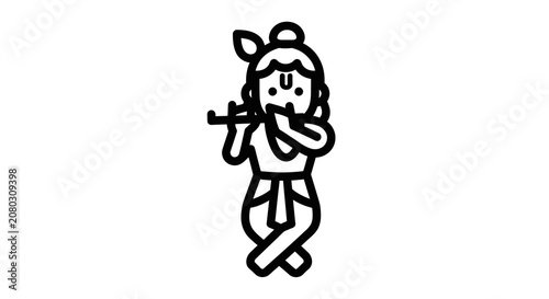 Little krishna playing flute in cute cartoon outline style