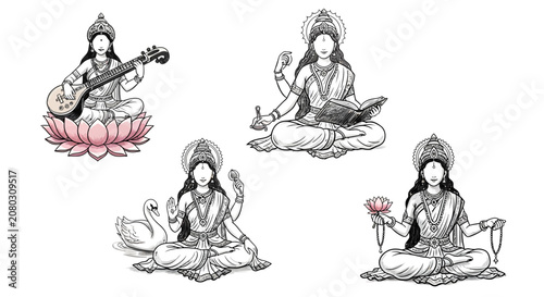 Set of hindu goddess sketches representing knowledge and music