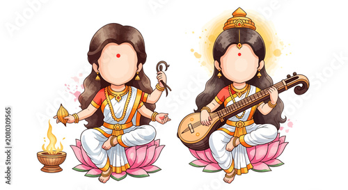 Cute cartoon hindu goddesses sitting on lotus flowers