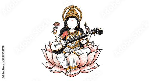 Hindu goddess saraswati sitting on lotus playing veena