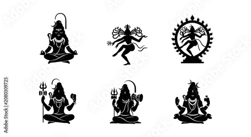 Collection of shiva silhouette icons in meditation and dance poses