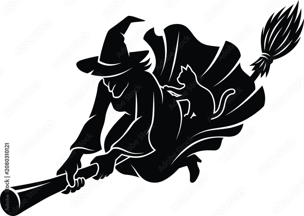Fototapeta premium Happy helloween day silhouette of witch flying on broom with black cat spooky illustration
