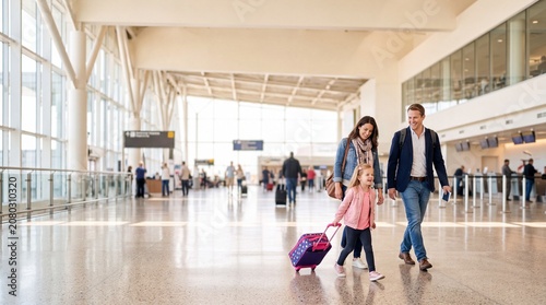 A family of three, parents and a young daughter, walk hand-in-hand through a modern, sunlit airport terminal, pulling luggage and embarking on a journey filled with anticipation.