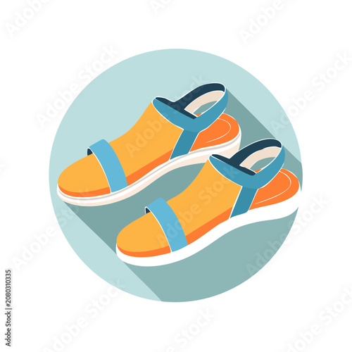 Flat geometric shapes in blue and orange circle
