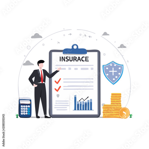 Insurance document with businessman and financial symbols