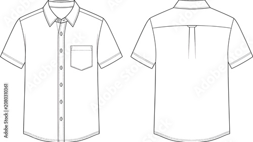 Men Short Sleeve Button Down Shirt Technical Flat Sketch Vector Template Front and Back View