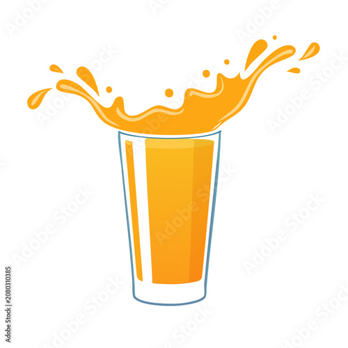 Orange juice splash in glass, flat vector illustration