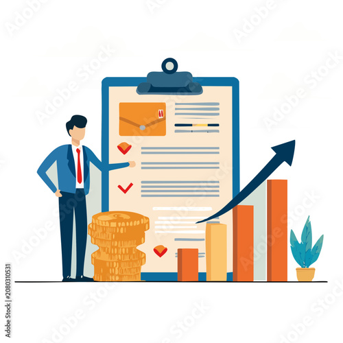 Businessman with clipboard and financial growth elements