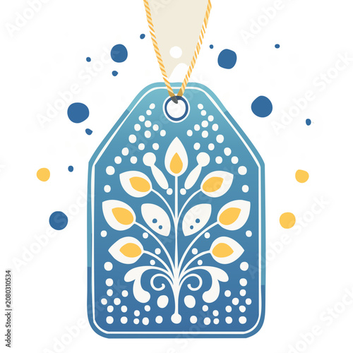 Blue floral gift tag with string vector illustration