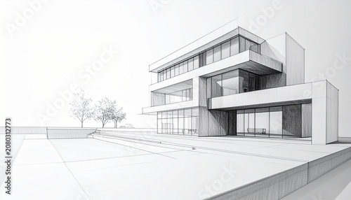 Realistic Architectural Pencil Sketch with Detailed Building Elements Smooth Graphite Shading Clean White Background and Wide Copy Space for Commercial and Creative Visual Content