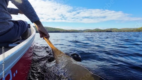 Low angle view beside a canoe with a man paddling across Grand Lake with distant hills and shoreline forest in Algonquin Provincial Park, Ontario, Canada.