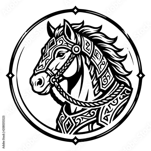Valokuva Ornate Horse Head Emblem Black and White Vector Art