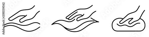 Tableau sur toile Set of hand interaction with various surfaces and materials icons, symbols for care, quality control, tactile sensations, and household processes