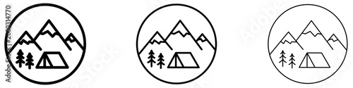 Schilderij op canvas Set of camping in mountains in circle icons, symbols for nature, tourism, and outdoor