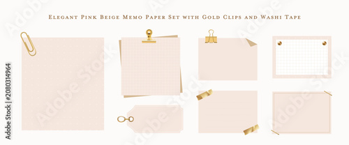 Elegant Pink and Beige Memo Paper and Sticky Note Set with Gold Clips and Washi Tape