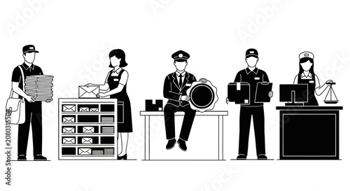 Photos Five stylized blackandwhite figures representing postal service workers at vario
