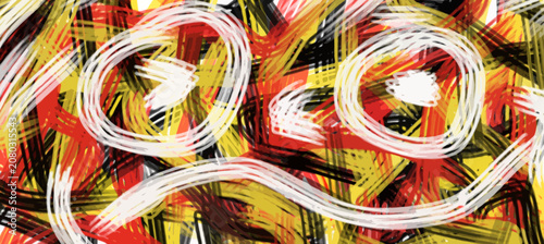 Fotografie A chaotic abstract expressionist background features energetic, multi-layered brushstrokes in red, yellow, and black, topped with prominent white circular scribbles reminiscent of a distorted face