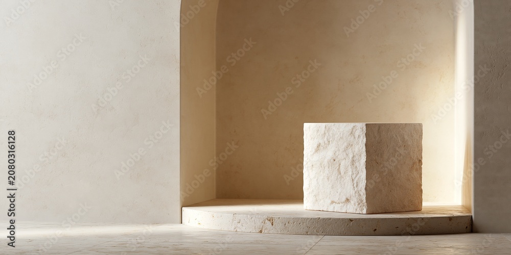 Obraz premium Minimalist stone cube on pedestal display