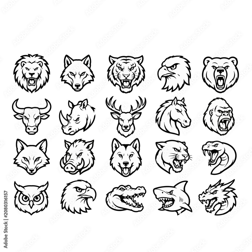 Fototapeta premium 20 Wild Animal Head Mascot Logo Set Collection Vector Outline Icons – Lion, Tiger, Wolf, Bear, Eagle, Bull, Rhino, Deer, Horse, Gorilla, Fox, Boar, Panther, Snake, Owl, Crocodile, Shark and Dragon