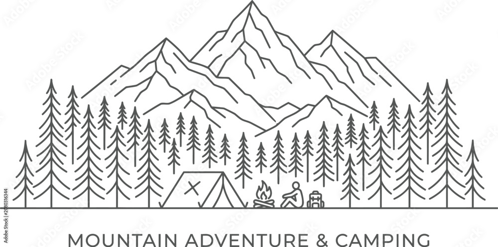 Fototapeta premium Mountain camping adventure illustration