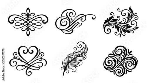 Decorative Flourish Ornaments Featuring Elegant Calligraphic Swirls and Heart Shapes in a Minimalist Vector Style