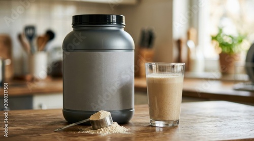 Protein Powder Container with a Glass of Milk on a Kitchen Table