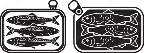 Sardines in metal can silhouette vector illustration with preserves nutrition container culinary silhouette background packaging