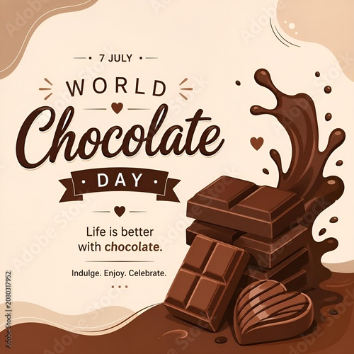 World chocolate day illustration with chocolate bar stack and liquid splash design