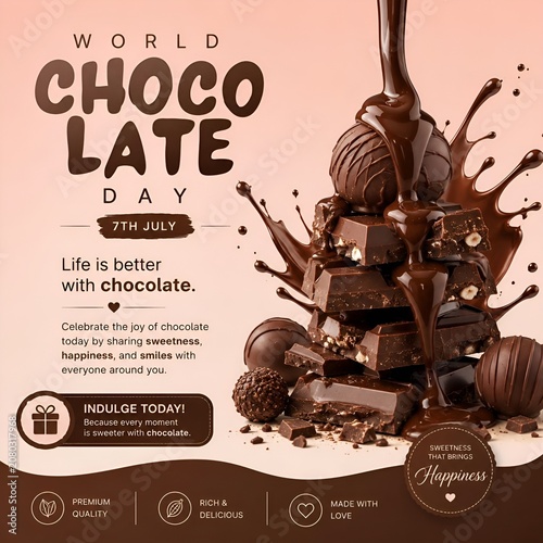 World chocolate day celebration promotional poster design with poured melted