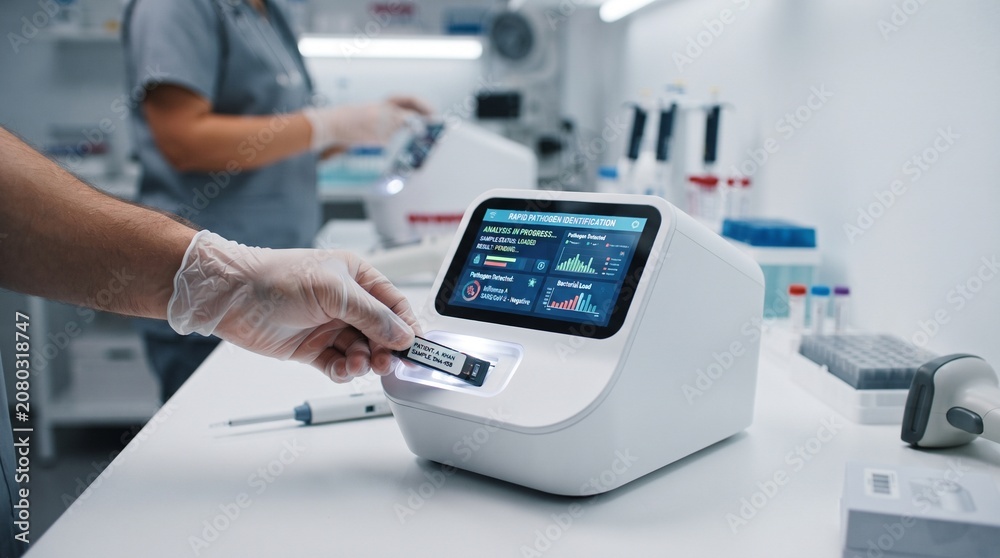 Obraz premium Medical Technician Conducting Test with Advanced Diagnostic Equipment in Laboratory Setting