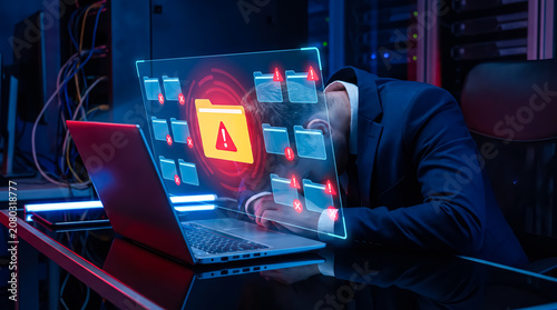 Stressed it professional with head on desk in server room with digital holographic interface showing corrupted files and errors
