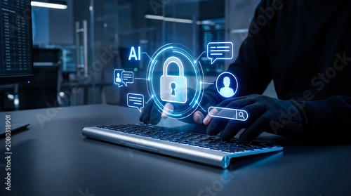 Hacker in black gloves typing on a keyboard with a glowing ai security and data protection digital interface overlay