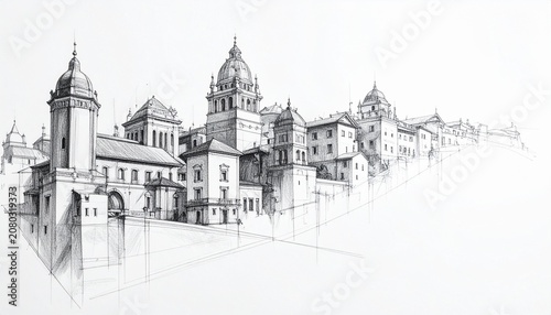 Premium Pencil Drawings of Architectural Buildings with Exceptional Detail Smooth Graphite Shading Intricate Elements and Spacious Copy Space for Marketing Editorial and Branding Content