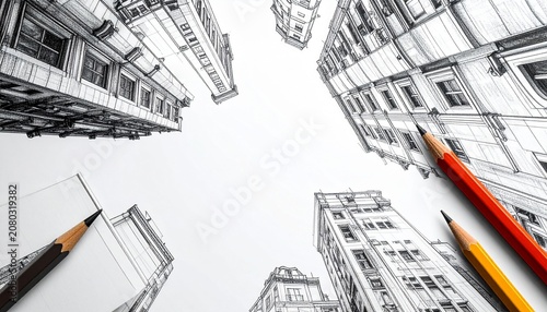 Elegant Graphite Pencil Sketches of Architectural Structures with Realistic Shading Detailed Building Elements and Wide Copy Space for Corporate Branding Presentations and Print Media
