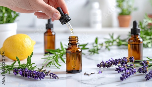 Aromatherapy essential oil bottles with herbs.
