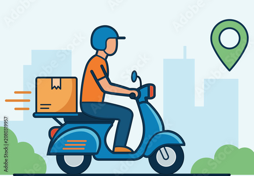 Courier riding a scooter with a parcel for fast local delivery, featuring location tracking and urban logistics services.