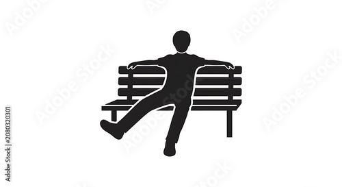 Black silhouette of person sitting on striped chair with laptop, isolated on white background