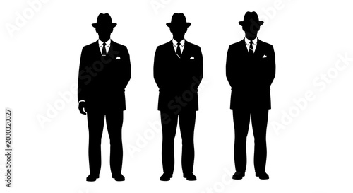 Black silhouette of three men in suits and hats standing side by side