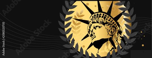 Quadro su tela Statue of Liberty with golden sun and dark laurel wreath, abstract vector banner