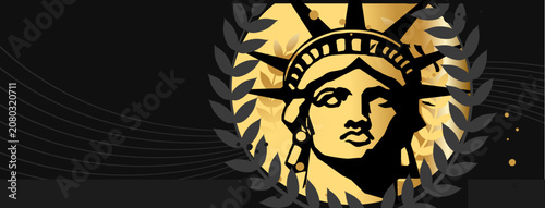 Cuadro en lienzo Statue of Liberty with golden sun and dark laurel wreath, vector banner