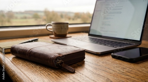 A productive workspace setup featuring a laptop, smartphone, coffee mug, and a leather journal, bathed in natural light. The scene evokes a sense of focus and remote work.