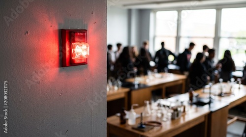Red fire alarm strobe light activated on wall in school classroom. Emergency alert system flashing during evacuation drill.