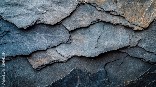 Layered slate stone texture background with natural blue-gray stratified formations creating seamless patterns for web design and eco-friendly branding