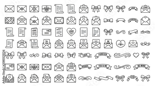 Quadro su tela Hand-drawn Love Letters, Envelopes, Ribbons, and Hearts Vector Icons Set