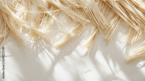 Natural abaca fiber strands texture background with flowing organic patterns in cream and golden beige tones perfect for sustainable eco-friendly web design