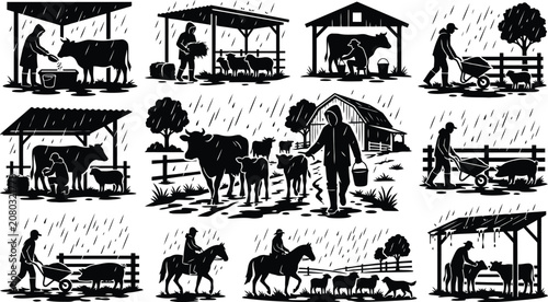 Fotografie Farm life activities vintage vector illustrations