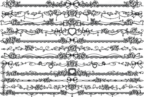 Vintage romantic wedding floral frames vector elements set featuring hand drawn laurels rose corners heart borders ribbons and decorative ornamental line dividers pack
