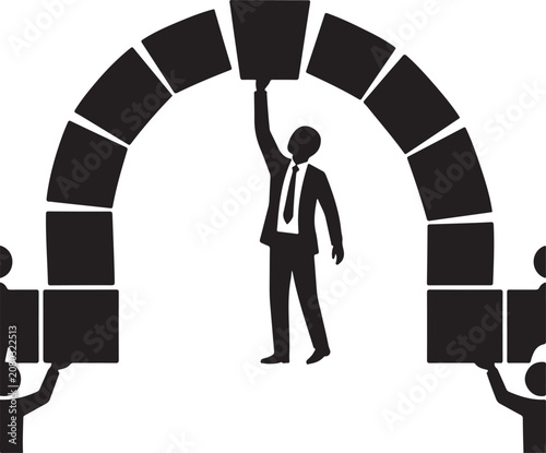 A man in a business suit holds up a brick in an archway